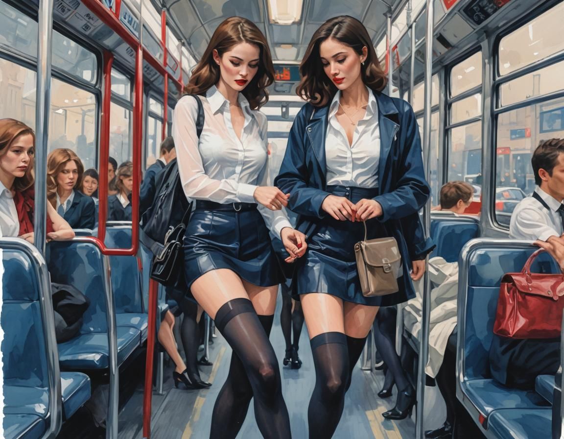 Gouache Painting of Two Fashionable Women on Bus
