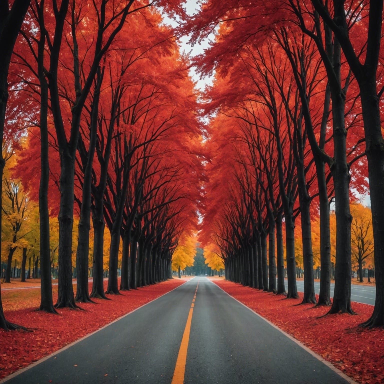 Mysterious Road Surrounded by Red Trees