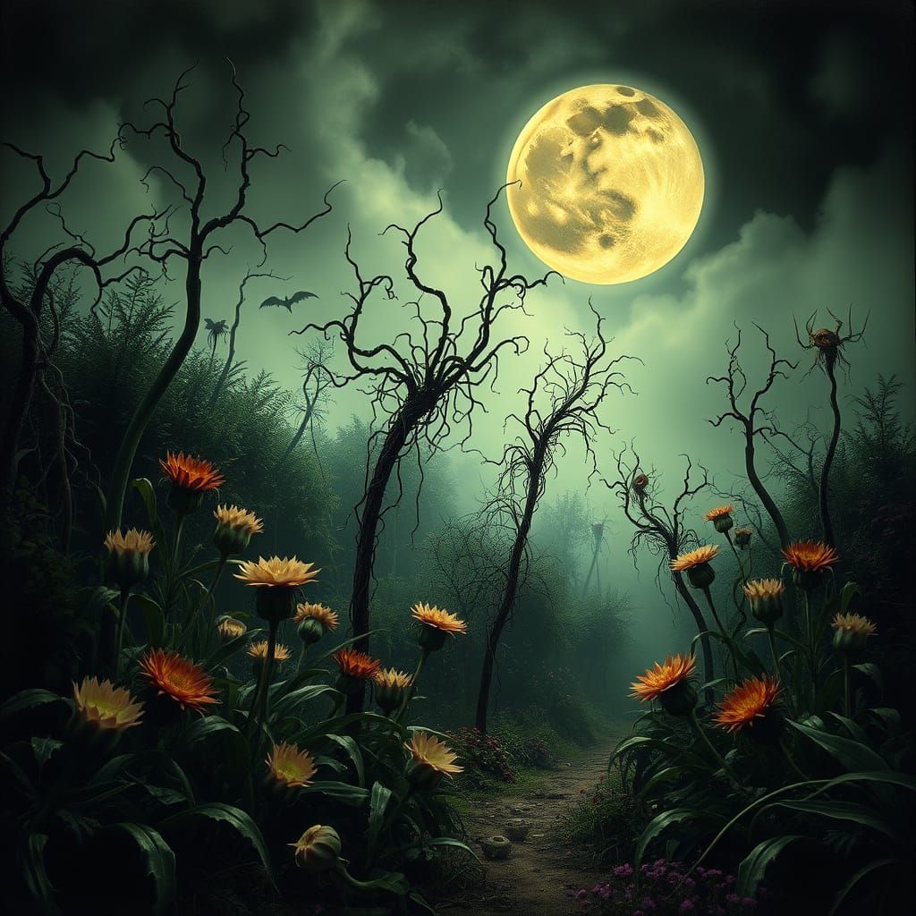 Dark Garden with Skull Flowers and Zombies