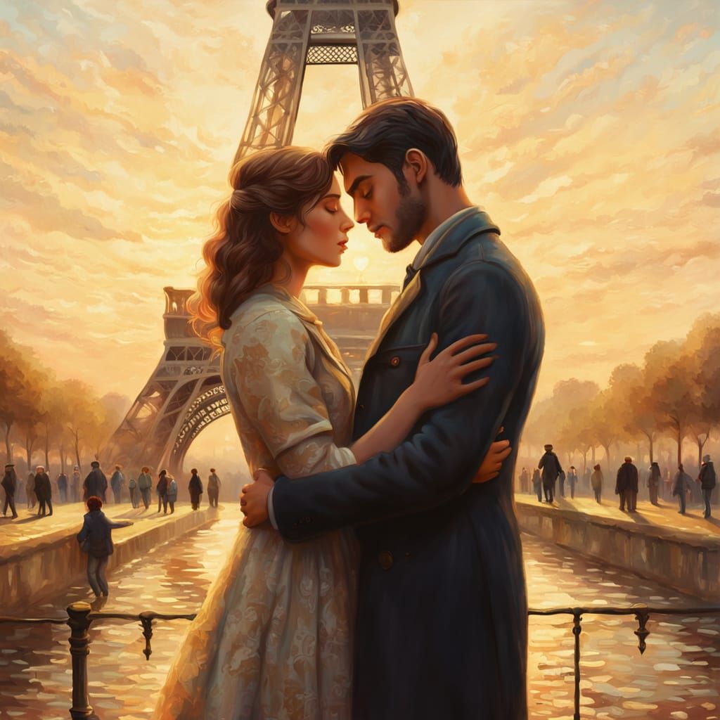 Lovers Parting in Paris: Romantic Realism Oil Painting