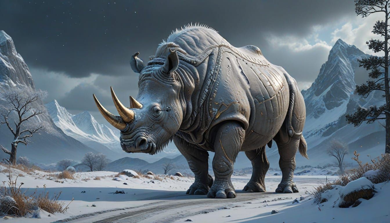 Regal Winter King on Majestic Frost-Covered Rhinoceros in Sn...