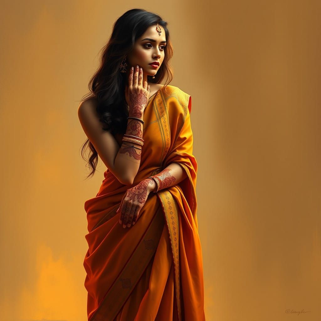 Elegant Indian Woman in Golden Henna Sari