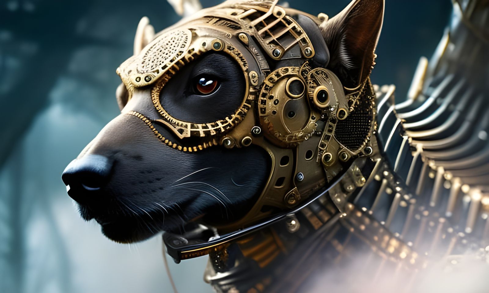 Armored Steampunk Dog Portrait in Fantasycore Style