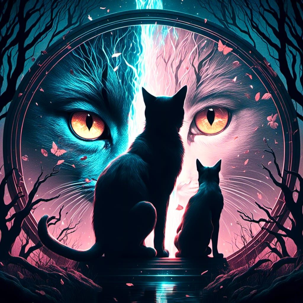 Cats Facing in Glowing Forest Portal