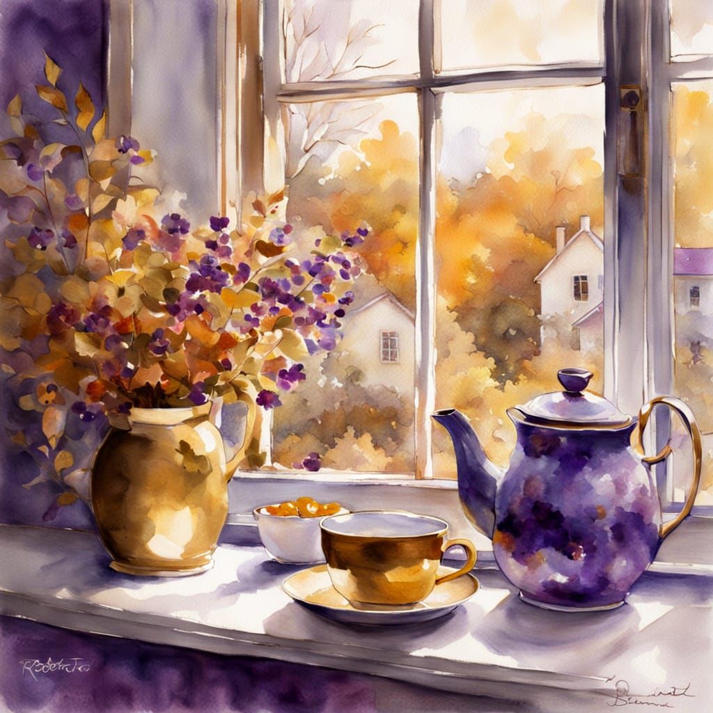 Cozy Autumn Afternoon with Teapot and Cat