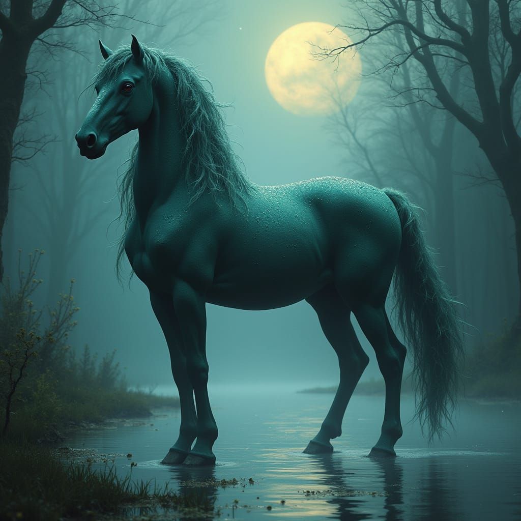 Mystical Kelpie Emerges from Moonlit Mists