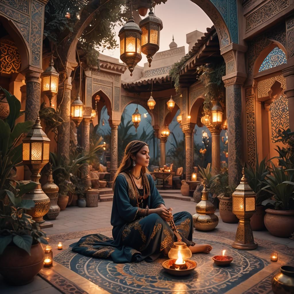Mystical Garden Shisha Scene in Matte Painting Style