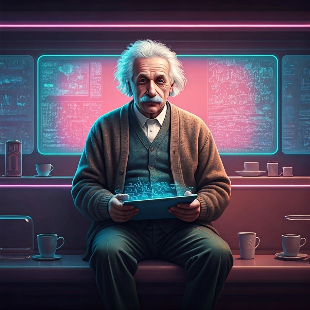 Futuristic Einstein in Neon Caffe Bar