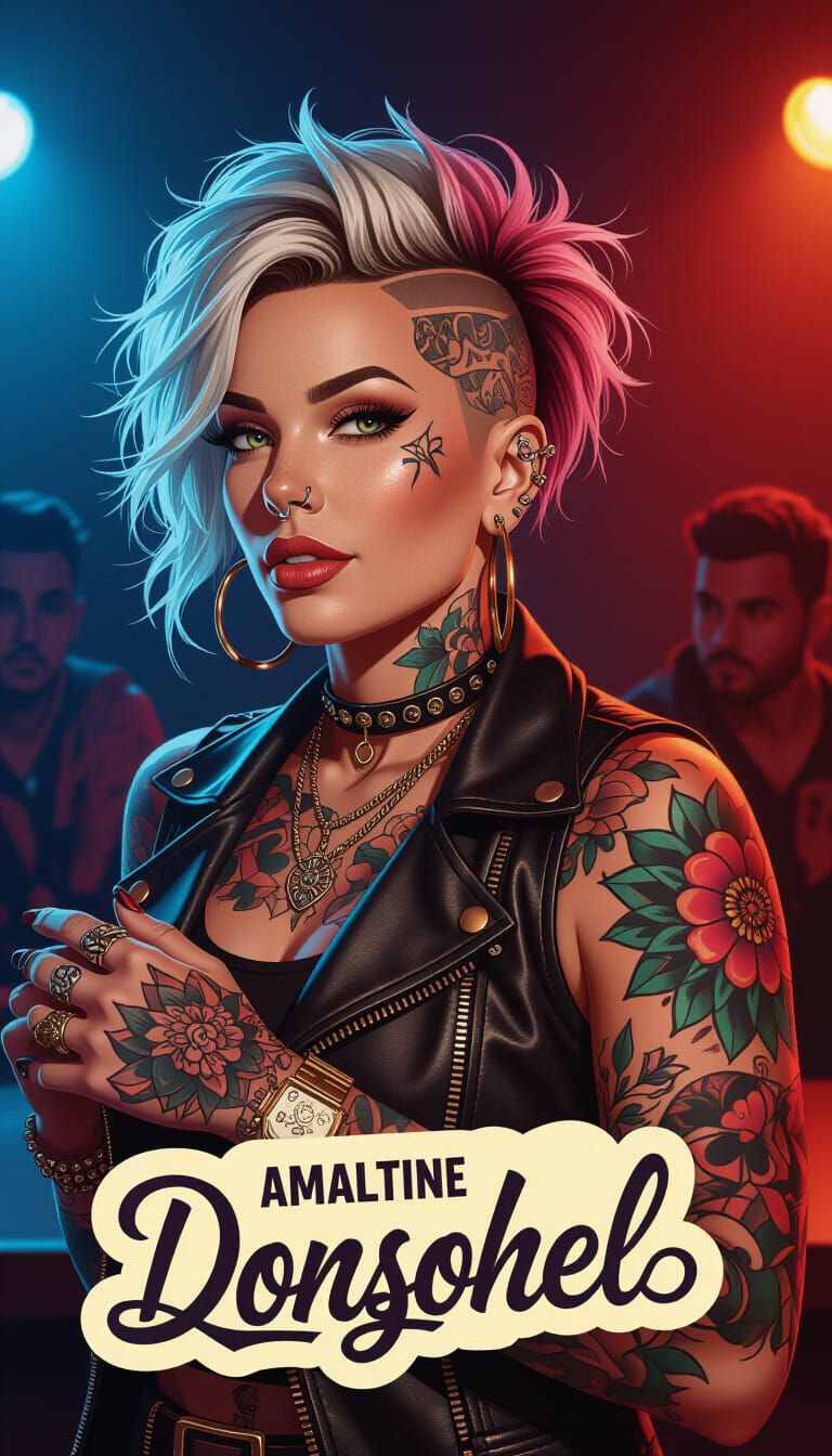 Punk Lesbian in Nightclub, Hyperrealistic Splash Art
