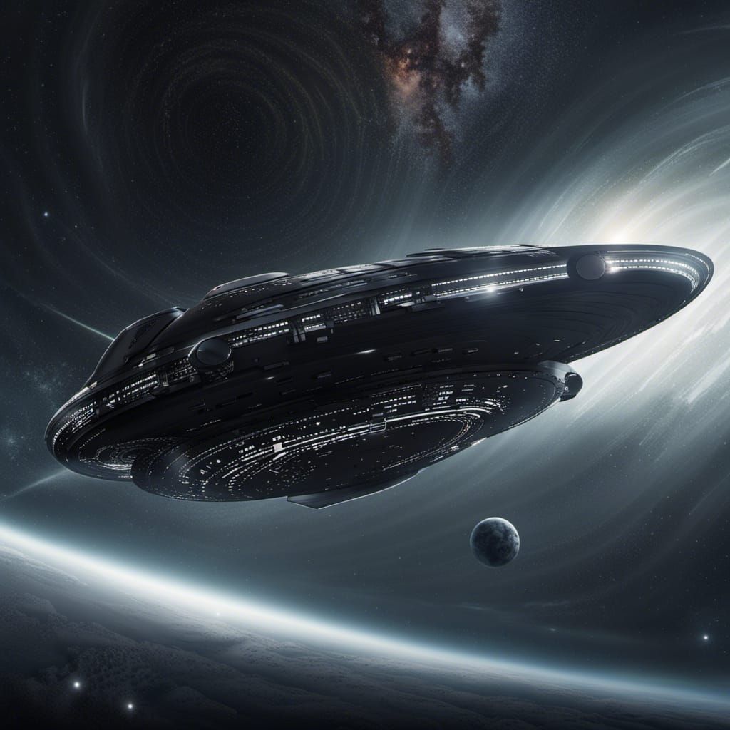 Sleek Spaceship Approaches Black Hole in Sci-Fi Scene