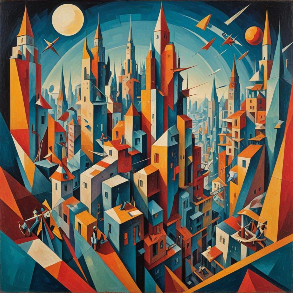 Surreal Futuristic Cityscape in Cubist Style