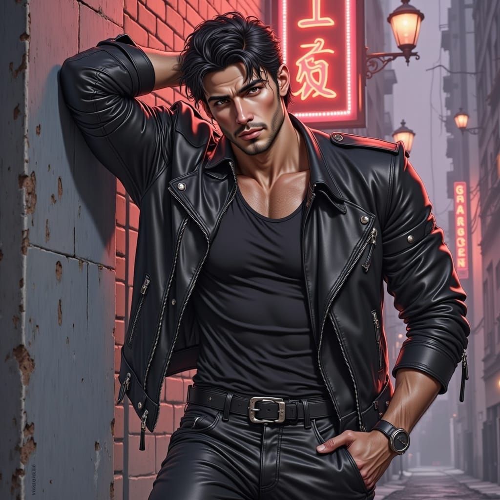 Ruggedly Handsome Anime Man in Leather Jacket