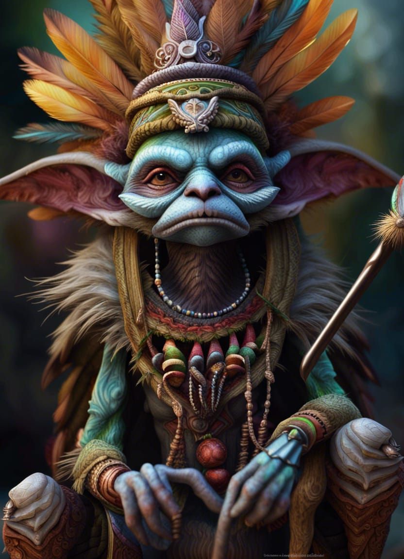 Detailed Tribal Goblin with Feather Robe in Vibrant Colors