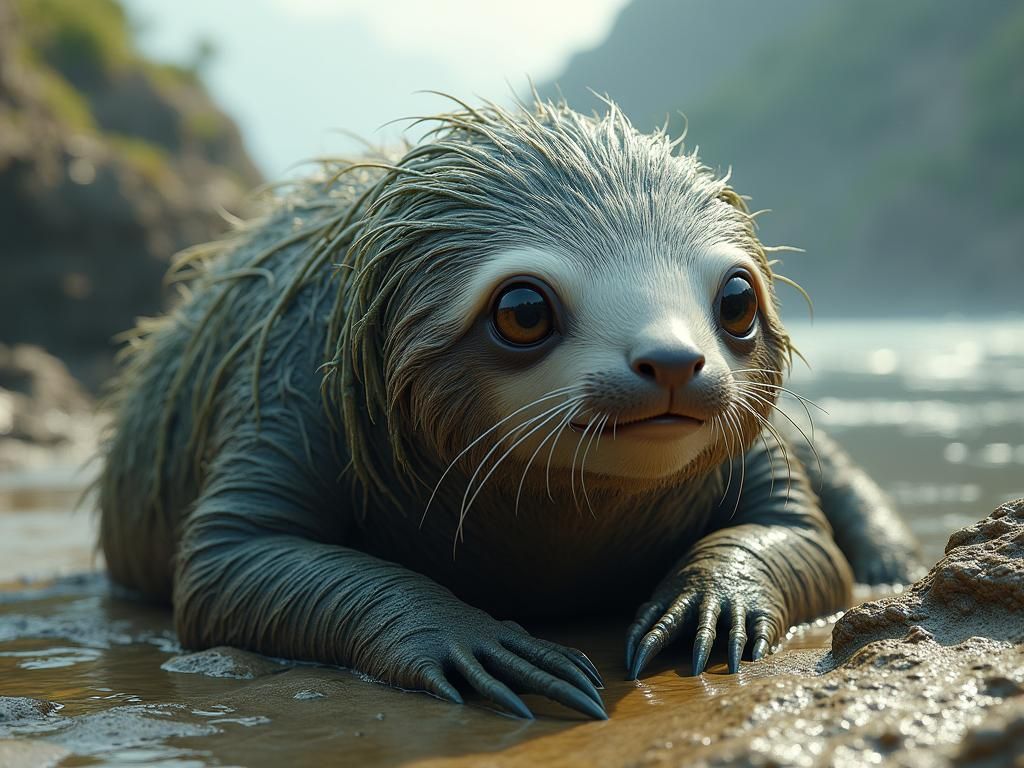 Photorealistic Sloth-Seal Hybrid on Rocky Shore