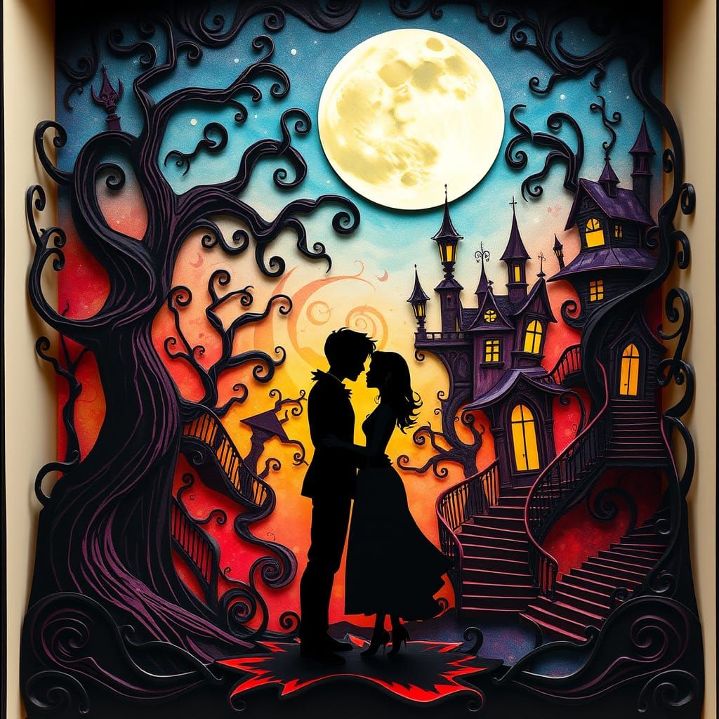 Tim Burton Style Love Scene with Surreal Moonlit Sky