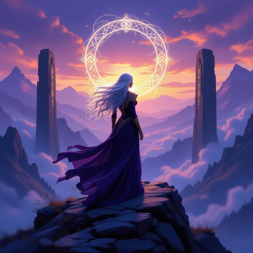 Mystical Sorceress Overlooks Valley in Fantasy Art Style