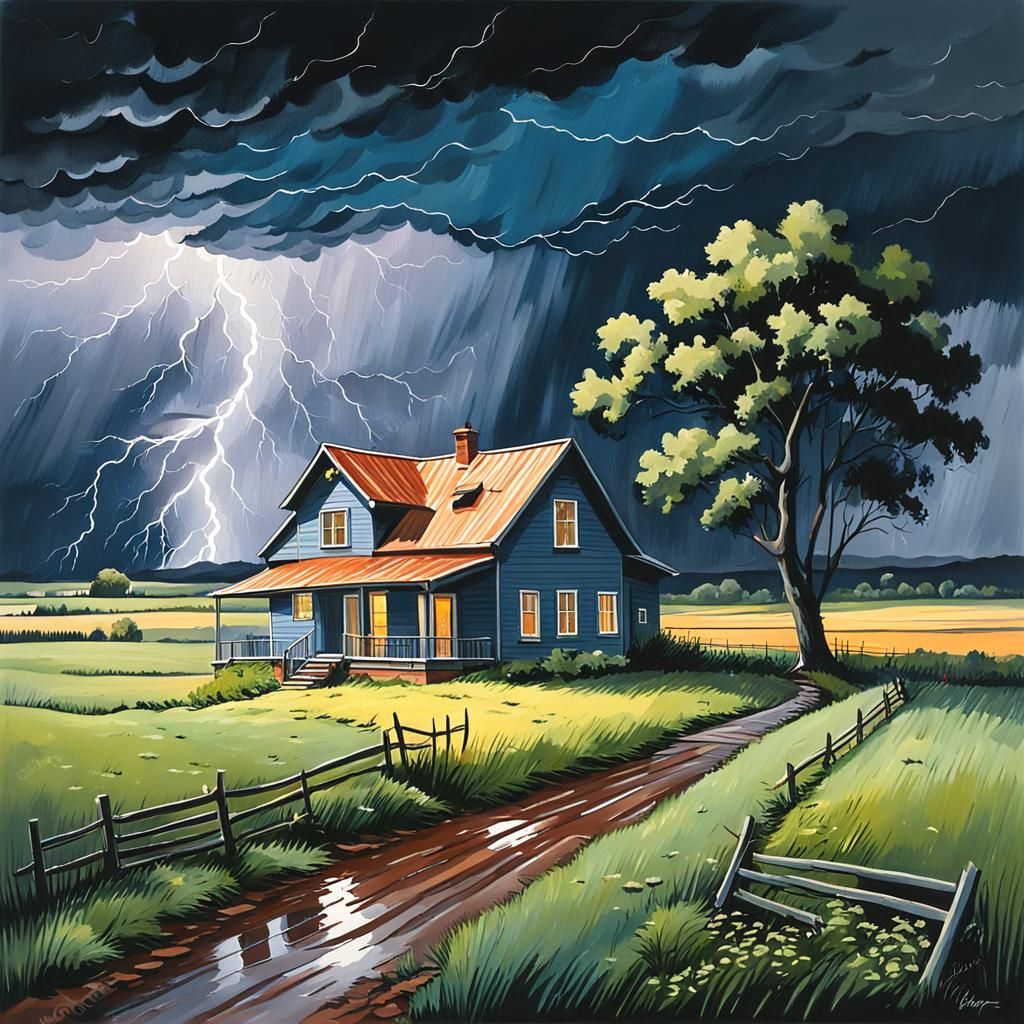Rural House in Thunderstorm: Gouache Style