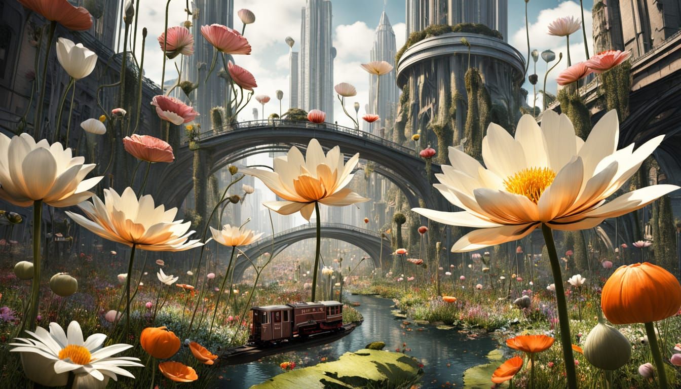 Surreal 3D Collage: Miniature Cities and Giant Flowers