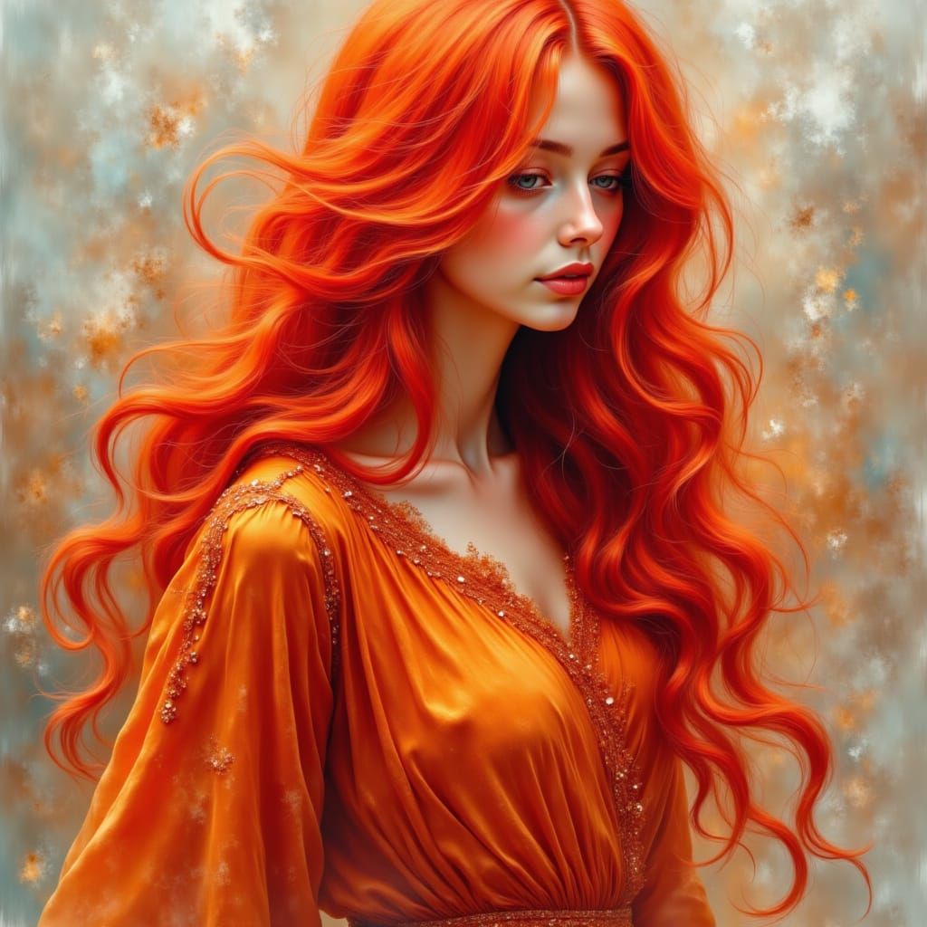 <lora:Soft romance:1.0> Woman with long flowing bright red and orange hair