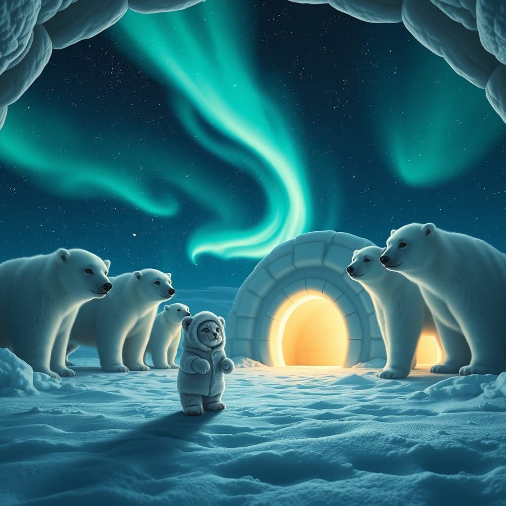 Brave Kitten Stands Tall Among Polar Bears in Arctic Igloo