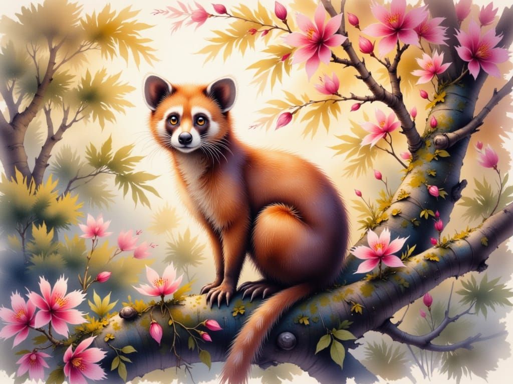 Surreal Watercolor Coati in Tropical Rainforest Scene