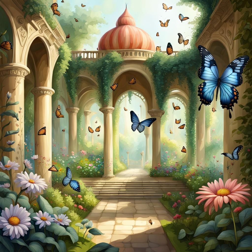 Fantasy Garden Palace with Butterflies and Flowers