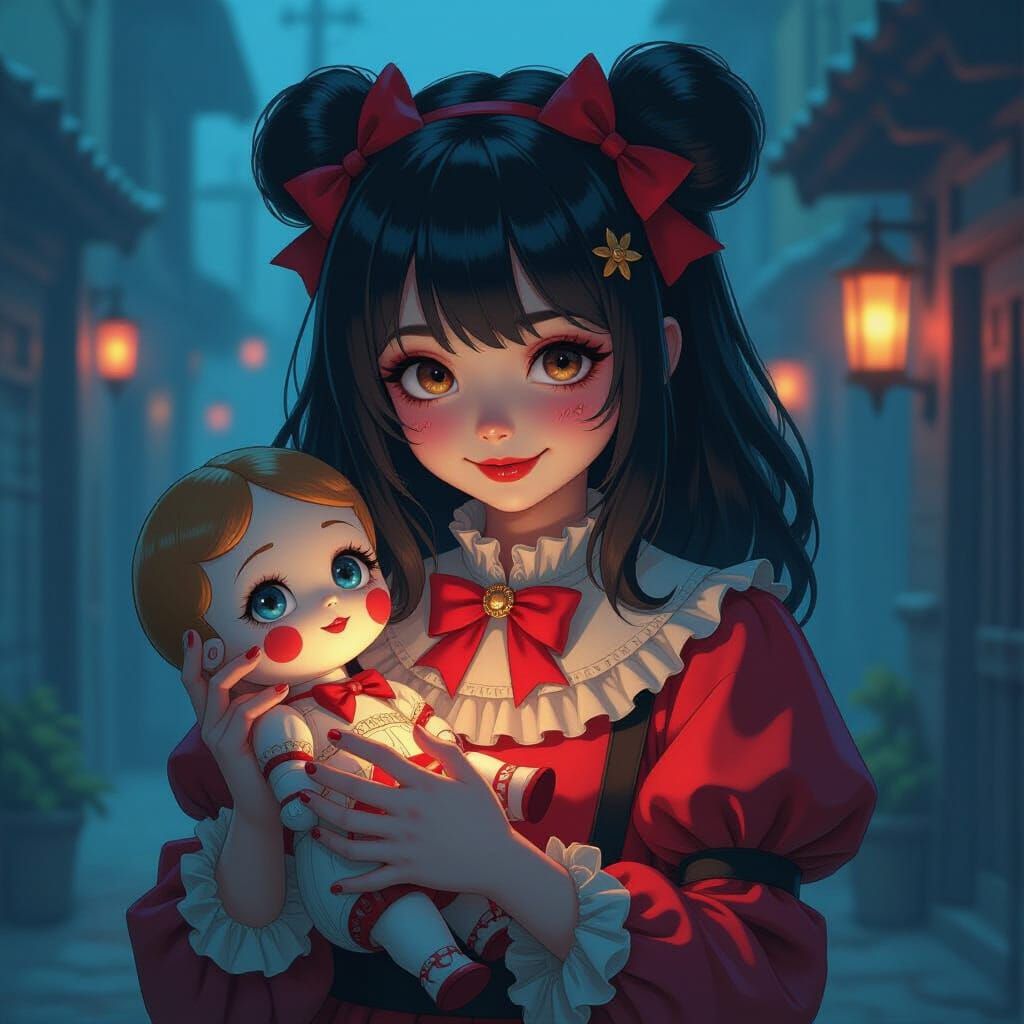 Creepy Pierrot Girl with Broken Doll in Anime Style