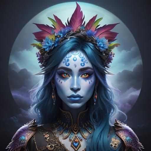 Rainbow Dragon-Feathered Woman with Flower Crown