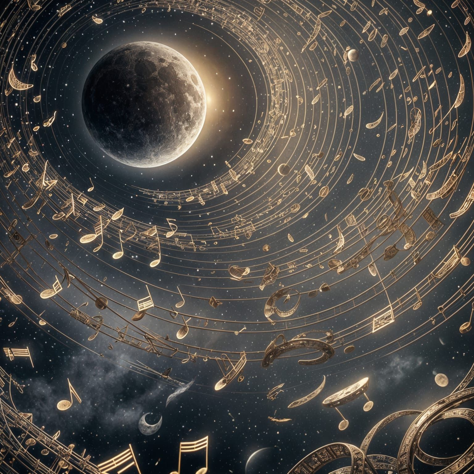 Hyperrealistic Music Notes Float in Space with Moon