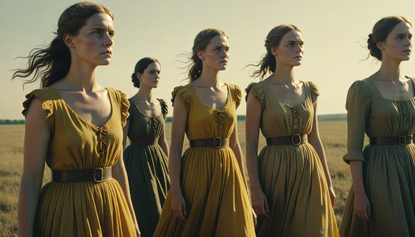 Elegant European Army Women in Long Gowns Under Warm Yellow ...