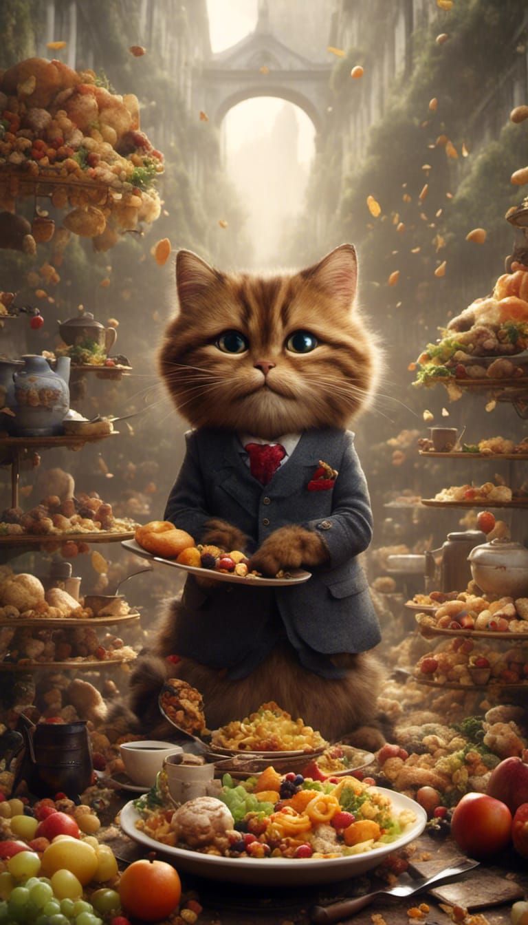 Fluffy Cat with Big Belly Eating