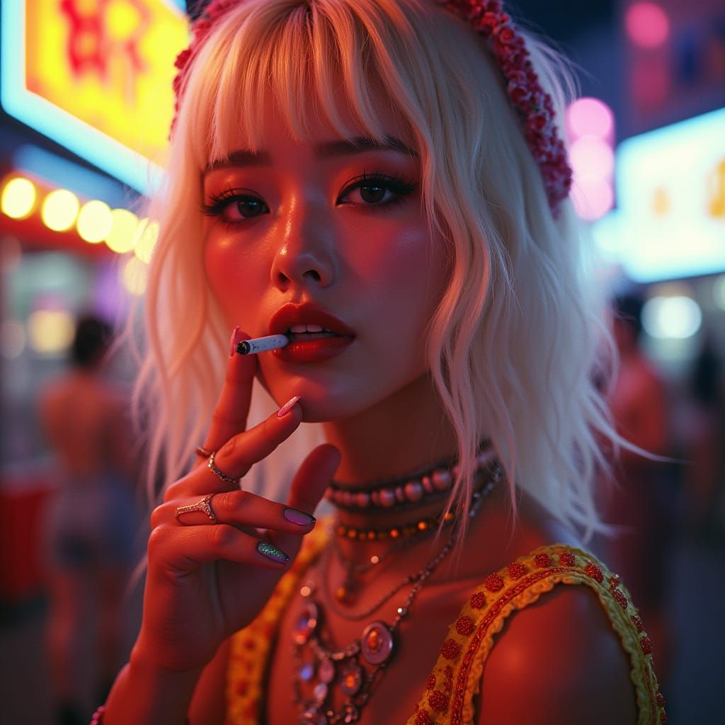 Japanese Girl Smoking Under Neon Lights, Surreal Art