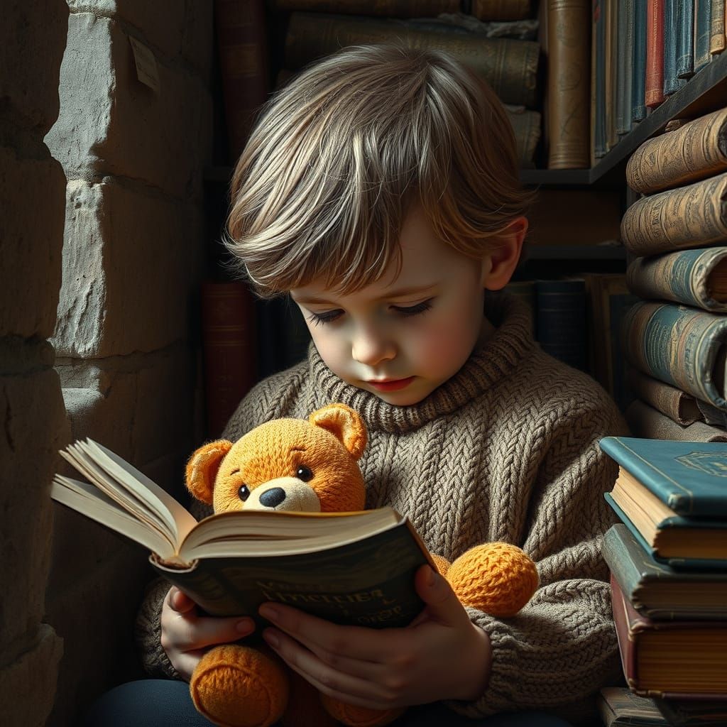 Child Reading in Library Nook, Art Nouveau Style