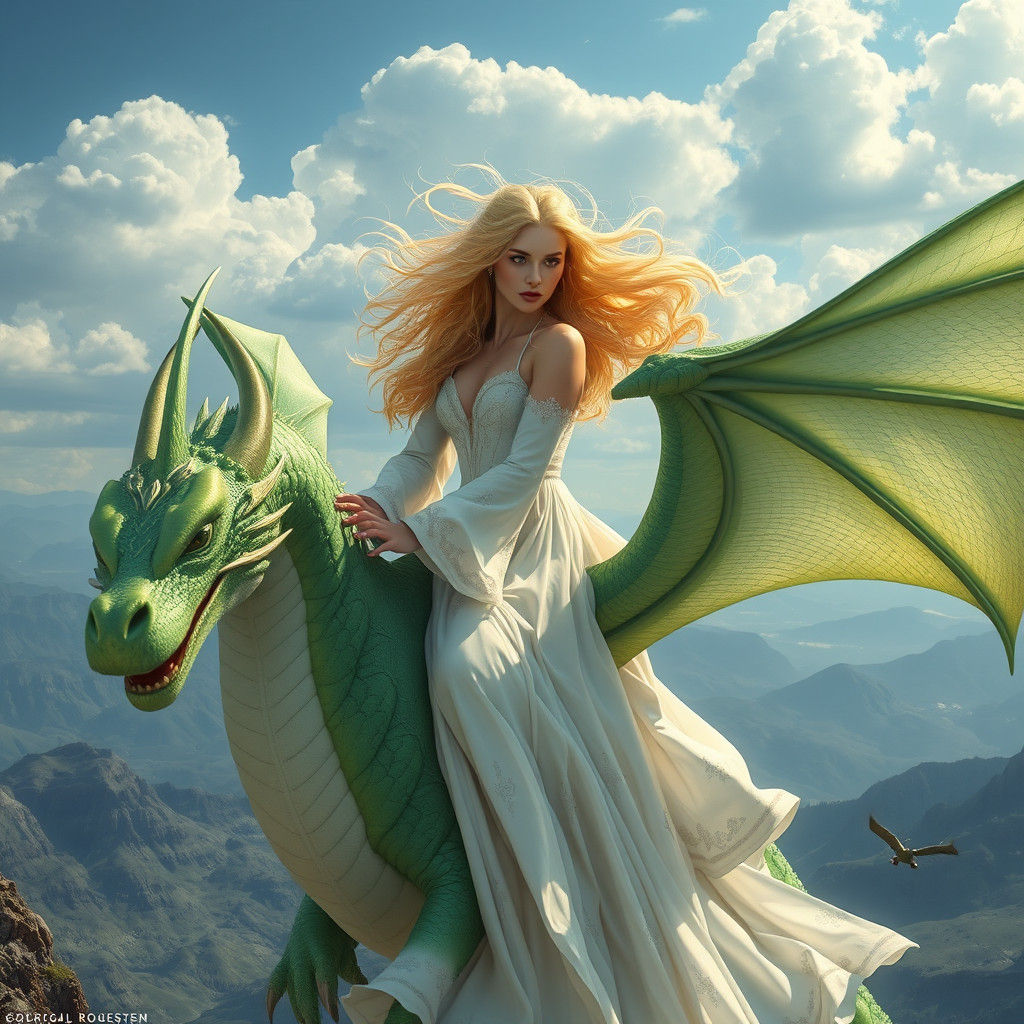 Woman Rides Dragon in Fantasy Landscape