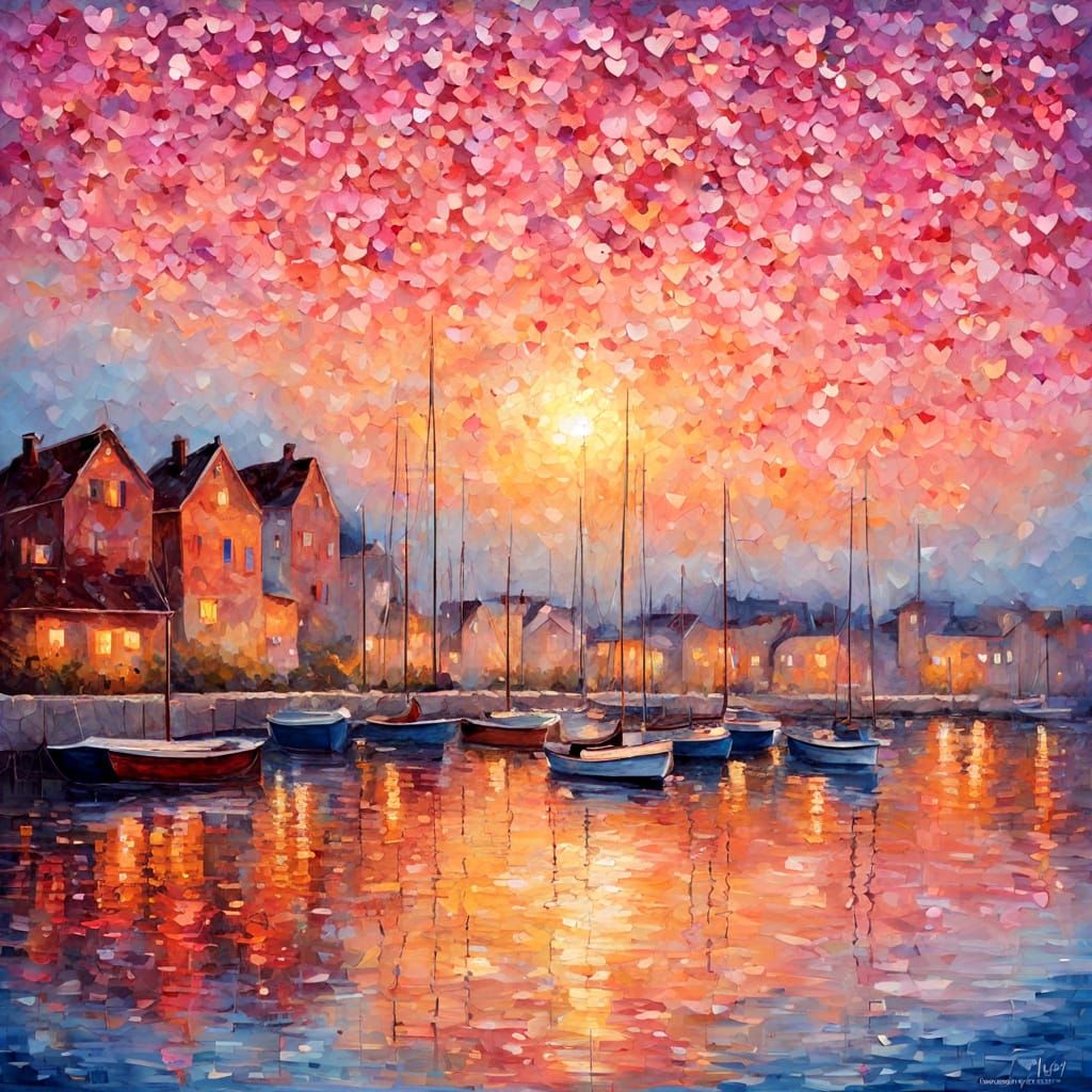 Whimsical Impressionist Mosaic Sunset on Waterfront