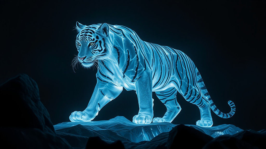 Icy Tiger Materializes in Darkness: Hyperrealistic Scene