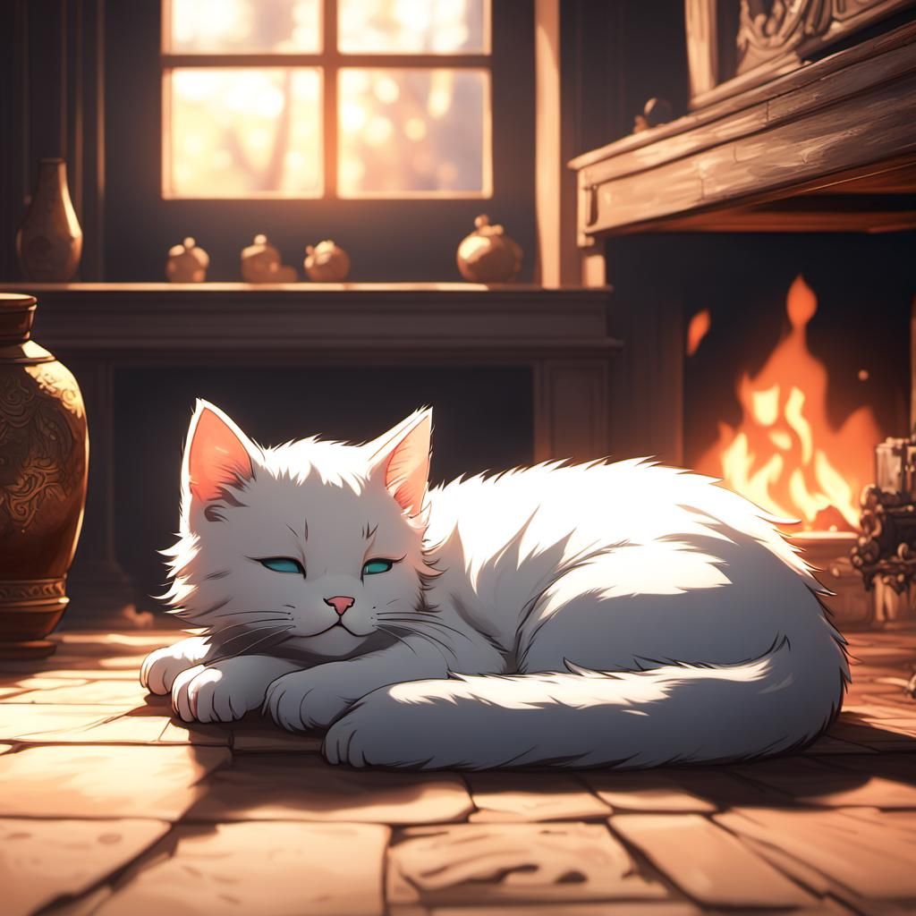Kitten Sleeping by Fireplace: 3D Anime Art