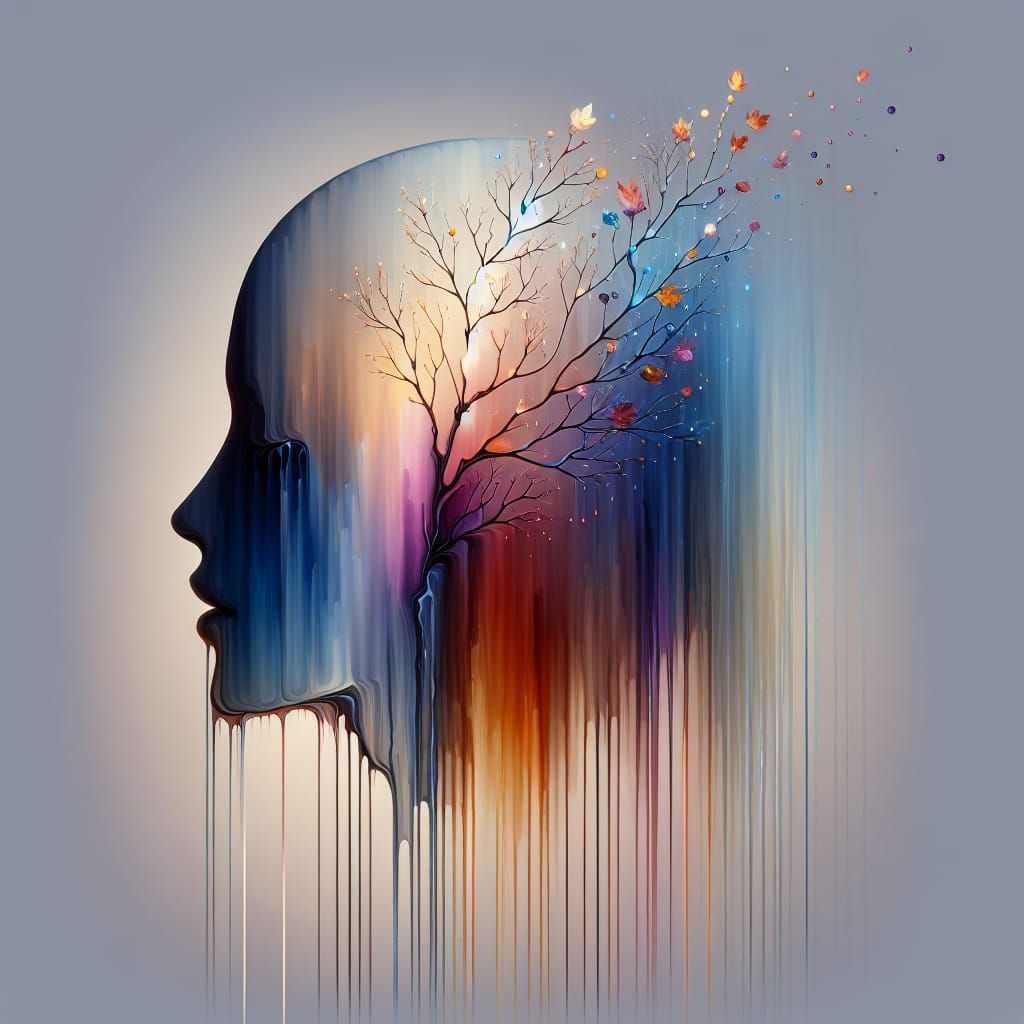 Surrealist Woman's Head with Autumn Tree, Poetic Light Gradi...