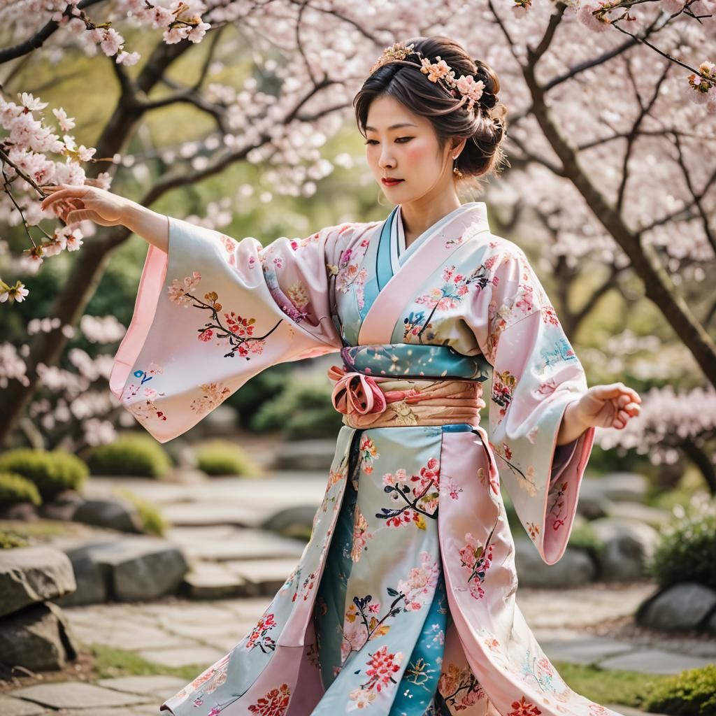 Dancing Japanese Princess in Serene Garden
