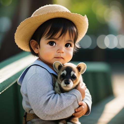 A sweet rendering of a Latino baby holding an animal. The background a zoo with lots of animals.
