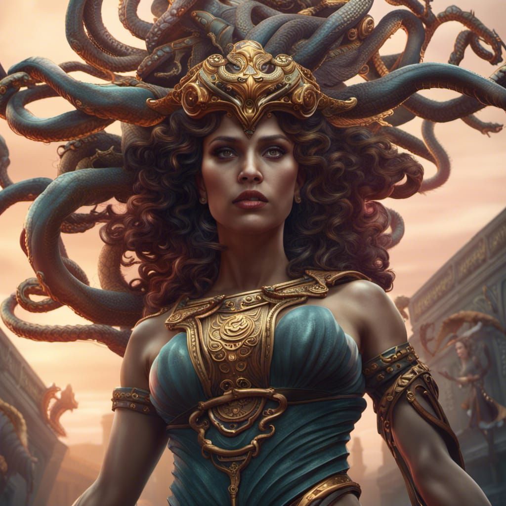 Medusa with Athena: Detailed Fantasy Art