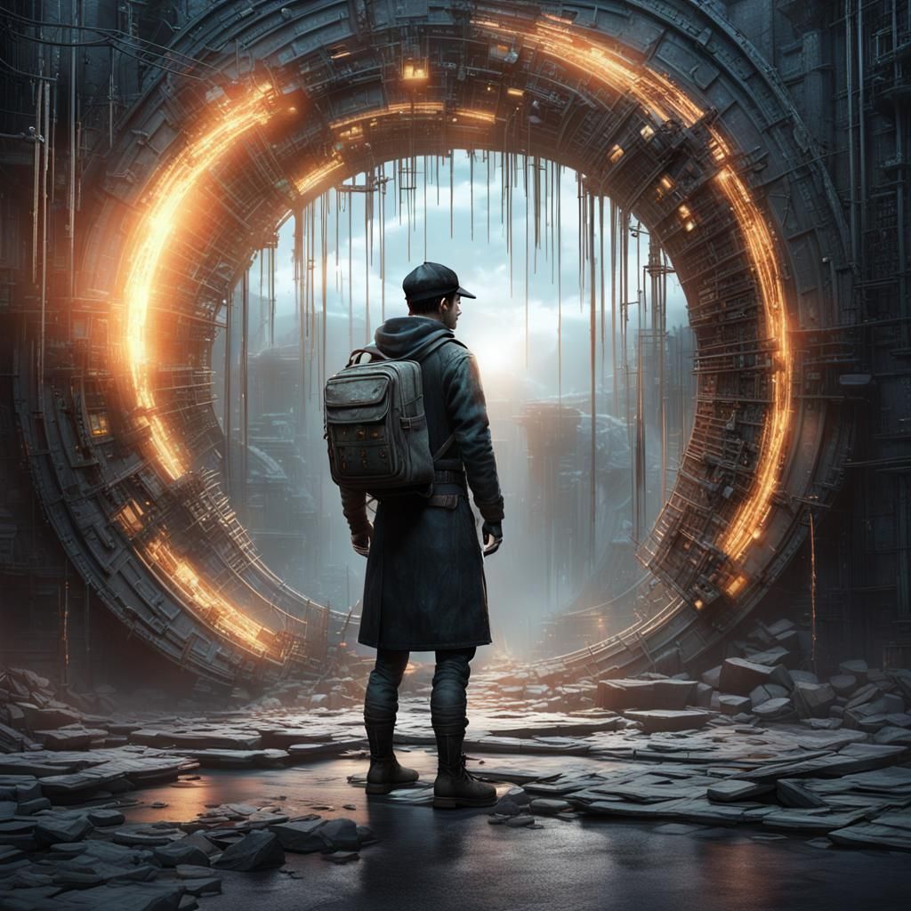 Post-Apocalyptic Scientist Before a Dimensional Portal