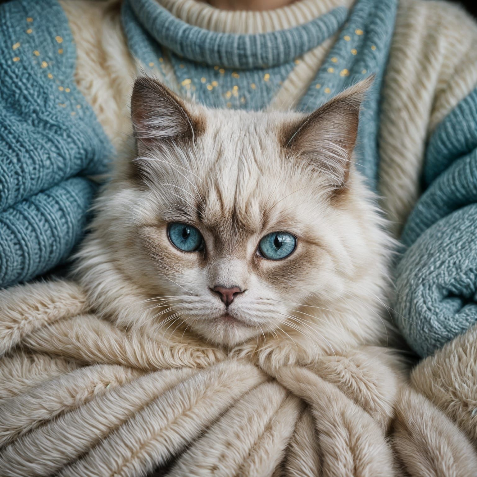 Ragdoll Cat Snuggled in Sweater: Cinematic Close-Up