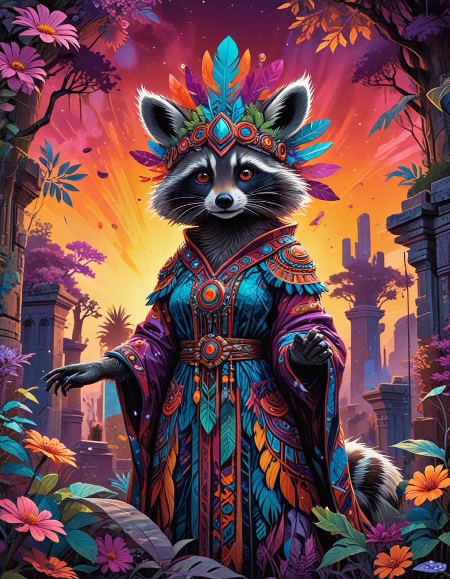 Surreal Fantasy Shamaness in Ancient Ruins with Vibrant Bloo...