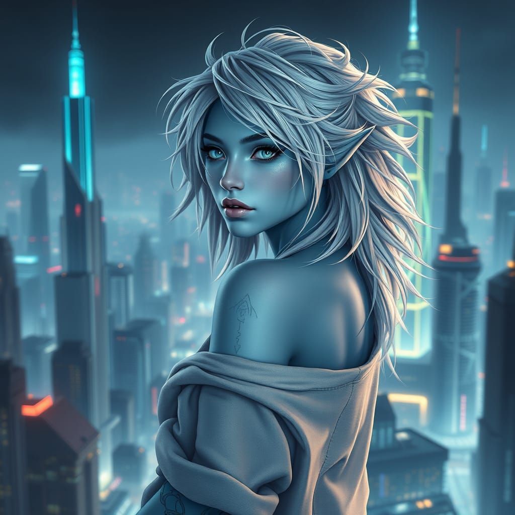 Ethereal Draenei Goddess Surveys Futuristic Metropolis