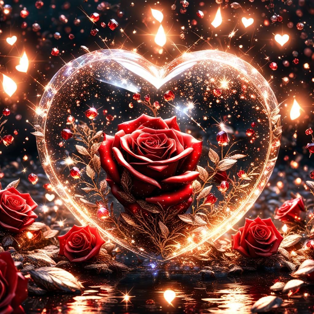 Crystallized Heart with Fairy, Roses, and Fireflies