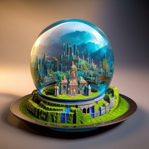 Miniature Ancient City in Crystal Ball, Still Life Painting