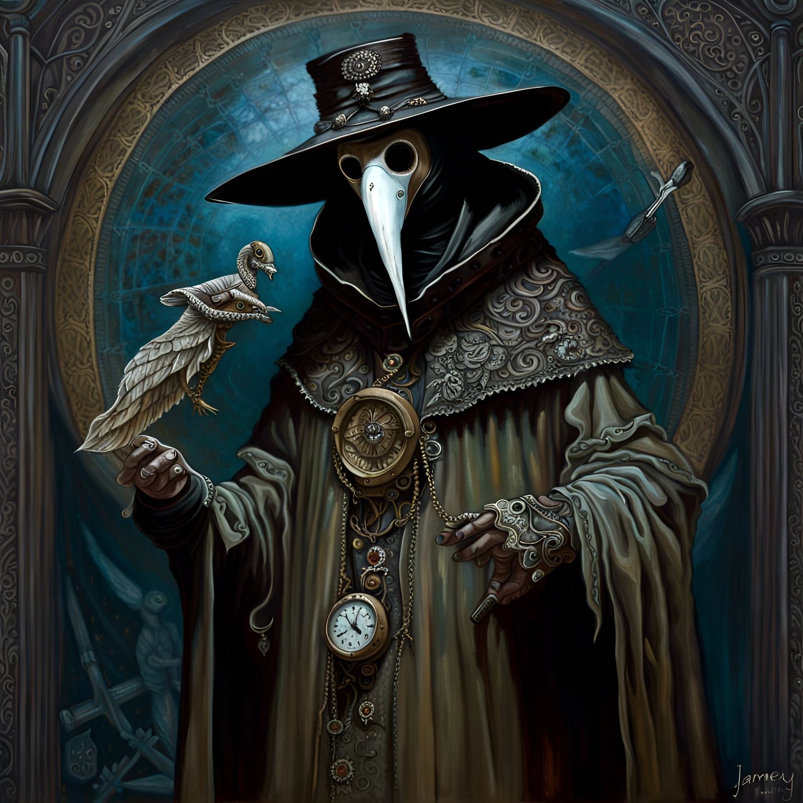 Dark Spiritual Plague Doctor in Oil Painting Style