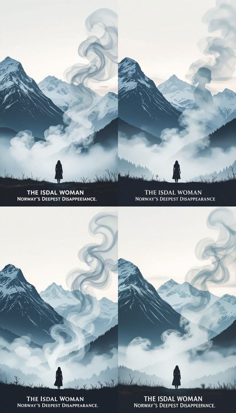 Misty Norwegian Mountains at Dusk, Woman Fading into Smoke