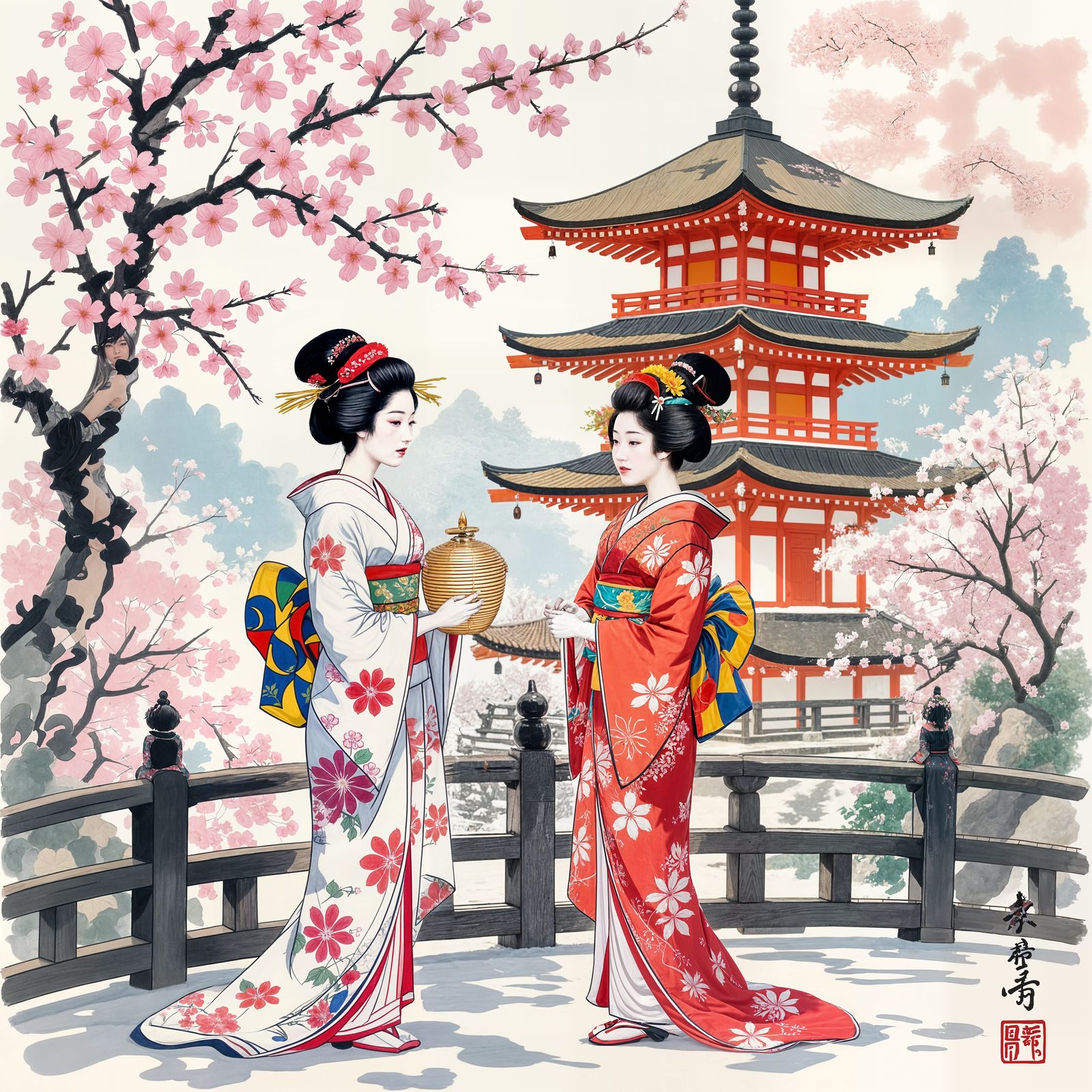 Geishas at Cherry Blossom Festival, Japanese Art Style